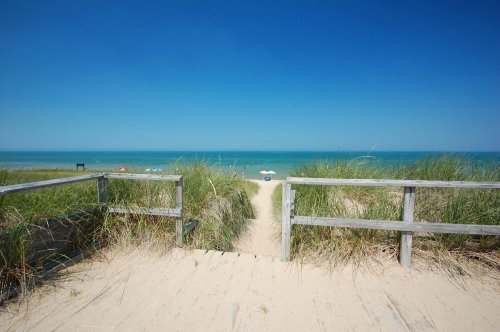A sandy path leads to a tranquil beach, framed by tall grass under a clear blue sky.