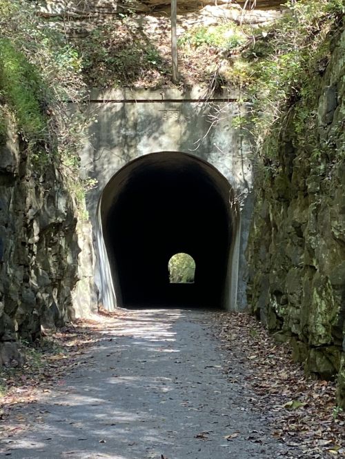 A dark tunnel framed by rocky walls, leading to a bright opening at the far end, surrounded by greenery.