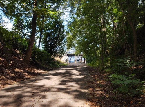 A tree-lined path leads to a bridge in the distance, with dappled sunlight filtering through the leaves.