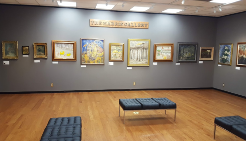 A gallery interior featuring various framed artworks on gray walls, with benches for seating in the foreground.
