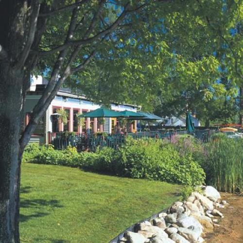 A scenic view of a lakeside restaurant with outdoor seating, surrounded by greenery and trees.