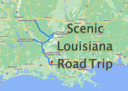 Map of Louisiana highlighting a scenic road trip route with key locations marked.