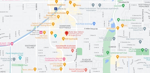Map of downtown Scottsdale, Arizona, highlighting locations like Rusty Spur Saloon and Scottsdale Osborn Medical Center.