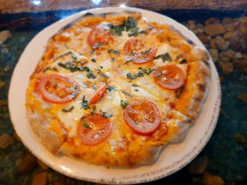A freshly baked pizza topped with mozzarella, tomatoes, and basil on a white plate.