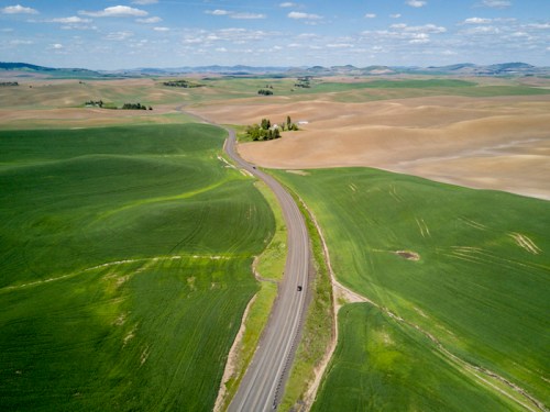 Aerial view of a winding road through lush green fields and rolling hills under a blue sky with scattered clouds.