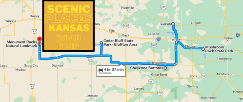 Map showing a road trip route through scenic places in Kansas, including Monument Rocks and Mushroom Rock State Park.