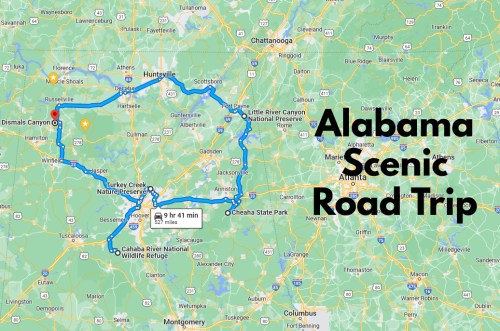 Map of an Alabama scenic road trip route, highlighting key locations and a total travel time of 9 hours and 41 minutes.