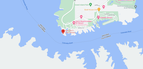 Map showing a location near the Colorado River, with nearby landmarks like Grand Island Park and boat rentals.