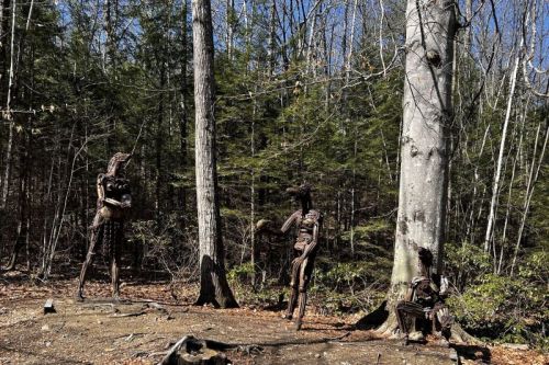 Three wooden sculptures stand among trees in a forest, blending with the natural surroundings.