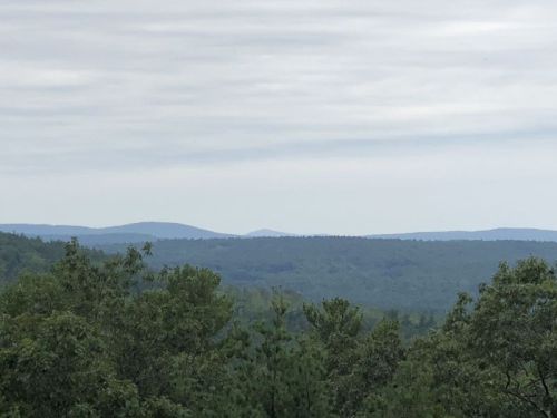 A panoramic view of rolling green hills under a cloudy sky, with distant mountains visible on the horizon.