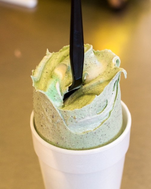 A cup filled with swirled green and white ice cream, topped with a black plastic spoon.