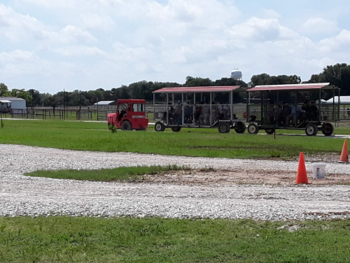 A red tractor pulls a trailer with passengers across a grassy field, with a cloudy sky in the background.