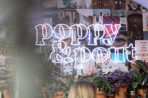 Neon sign reading "poppy & pout" in front of a collage of images and potted plants.
