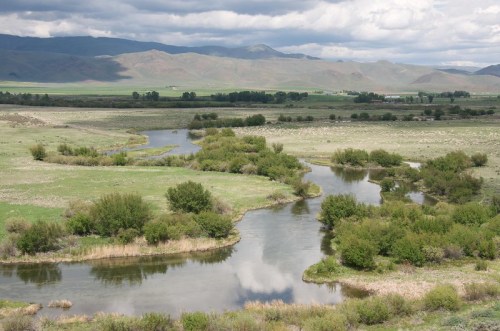 A serene landscape featuring a winding river surrounded by lush greenery and distant mountains under a cloudy sky.