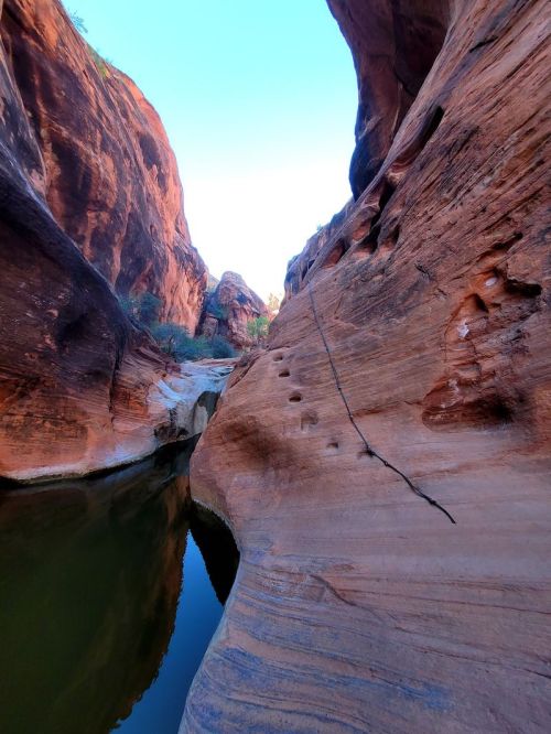 A narrow canyon with steep, red rock walls and a calm waterway reflecting the sky.