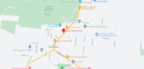 Map of Fort Davis, Texas, highlighting local businesses and landmarks, including restaurants and shops.