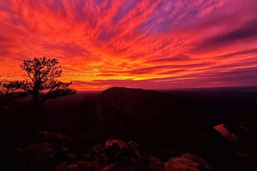 Vibrant sunset with dramatic pink and orange clouds over a mountainous landscape, silhouetted trees in the foreground.