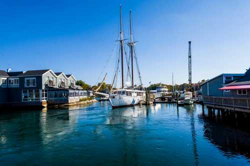 A serene marina scene with a sailboat docked between buildings under a clear blue sky.