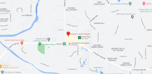 Map showing Sydney's Sweet Shoppe, nearby businesses, and streets in Tucson, Arizona.