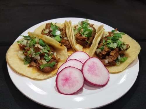 Three tacos filled with shredded meat, topped with onions and cilantro, served with sliced radishes on a white plate.