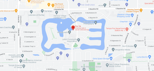 Map showing Pier 54 and surrounding streets, with a waterway and nearby landmarks in Tempe, Arizona.