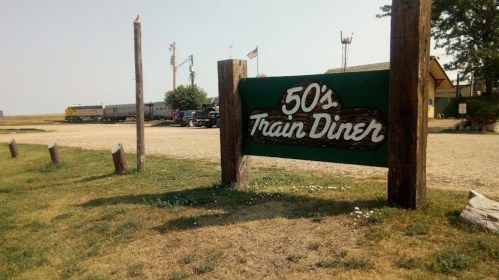 Sign for a 50's Train Diner, with a train in the background and a grassy area in the foreground.