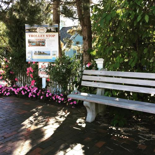 A wooden bench at a trolley stop surrounded by flowers and a sign indicating no parking.