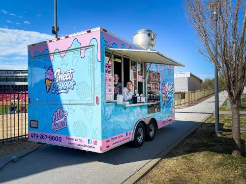 A colorful ice cream truck with a pink and blue design, serving customers at a park on a sunny day.