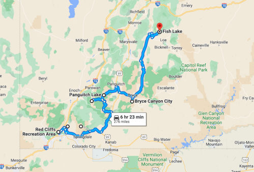 Map showing a route from Bryce Canyon City to Fish Lake, highlighting nearby locations like Panguitch Lake and Red Cliffs Recreation Area.