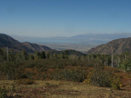 A panoramic view of mountains and valleys under a clear blue sky, with lush greenery in the foreground.
