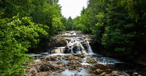Waterfalls surrounded by forest in Copper Falls State Park in northern Wisconsin.