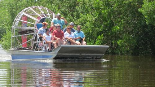 A group of people enjoying an airboat ride through a lush, green mangrove landscape.
