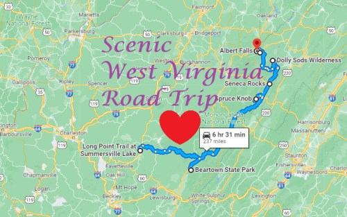Map of a scenic road trip in West Virginia, highlighting key locations and a heart symbol along the route.