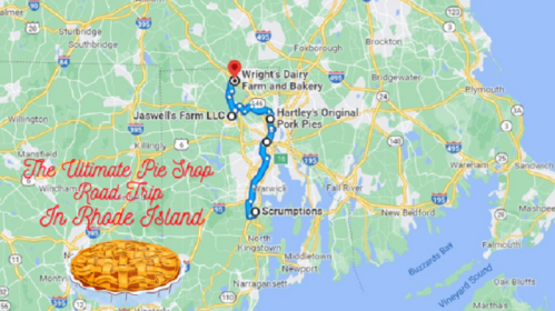 Map showing a road trip route in Rhode Island, highlighting pie shops with a decorative pie graphic.