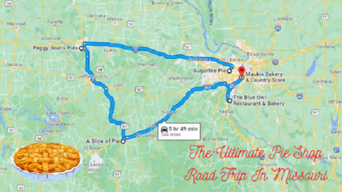 Map showing a road trip route in Missouri with pie shops: Peggy Jean's Pies, Sugarfire Pie, and more.