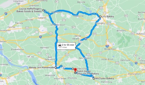 Map showing a route connecting several bakeries: Lili's Bakery, Wendy Jo's Homemade, Dutch Haven, and McClure's Bakery.