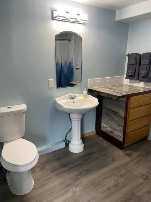 A modern bathroom featuring a toilet, pedestal sink, mirror, and wooden cabinet with a countertop. Light blue walls.
