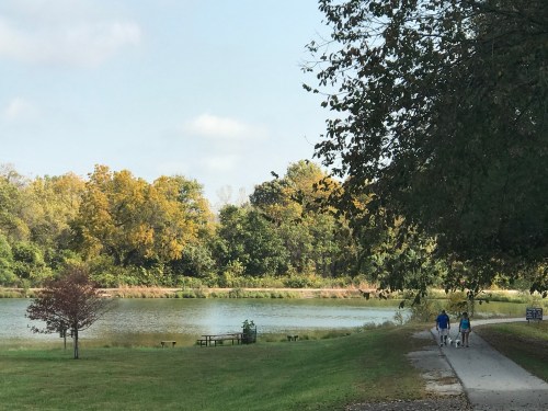 A serene park scene with a lake, trees in autumn colors, and two people walking along a path.