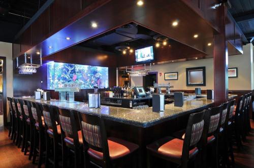 A modern bar with a granite countertop, high chairs, and an aquarium backdrop, featuring shelves of drinks and a TV.