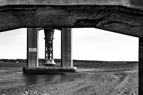 Black and white image of a bridge's support pillars viewed from underneath, with water and shoreline in the background.