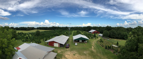 A panoramic view of a farm with red barns, green fields, and a blue sky dotted with clouds.
