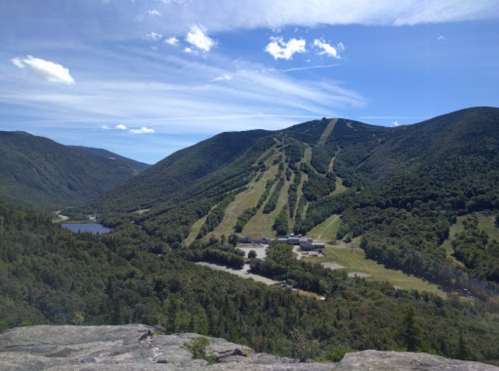 A scenic view of a mountainous landscape with ski slopes, lush greenery, and a lake under a blue sky with clouds.