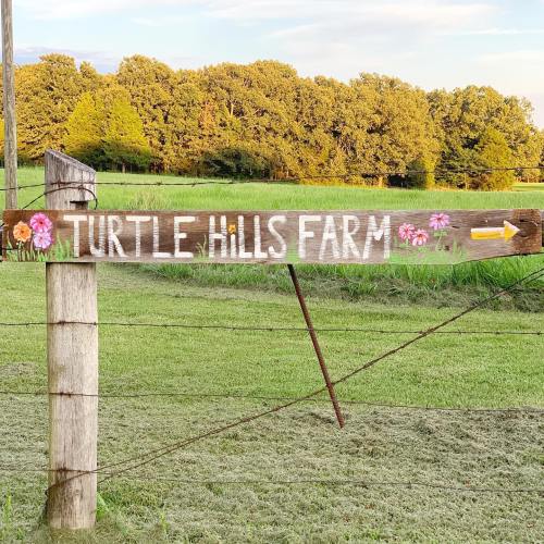 Sign for Turtle Hills Farm with flowers, pointing right, set against a green field and trees in the background.
