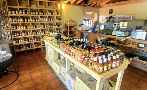 A cozy shop interior with shelves of jars and bottles, showcasing various sauces and condiments on a display table.
