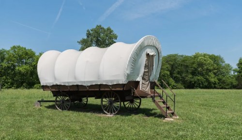 A covered wagon on wheels, parked on a grassy field under a clear blue sky.