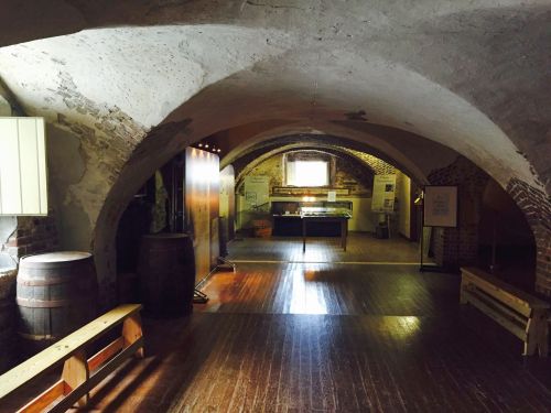 A spacious, arched cellar with wooden floors, barrels, and a display area illuminated by natural light.