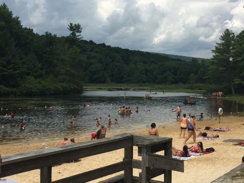 A sandy beach by a lake with people swimming and relaxing under cloudy skies, surrounded by green trees.
