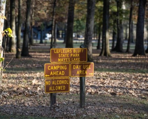 Signs at Lefleurs Bluff State Park indicate camping ahead and a day use area, with a no alcohol policy.