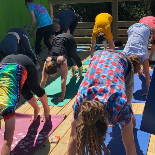 A group of people practicing yoga outdoors, facing down in a downward dog position on colorful mats.
