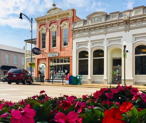 Historic buildings line a street, with a bank and a bookstore, framed by colorful flowers in the foreground.
